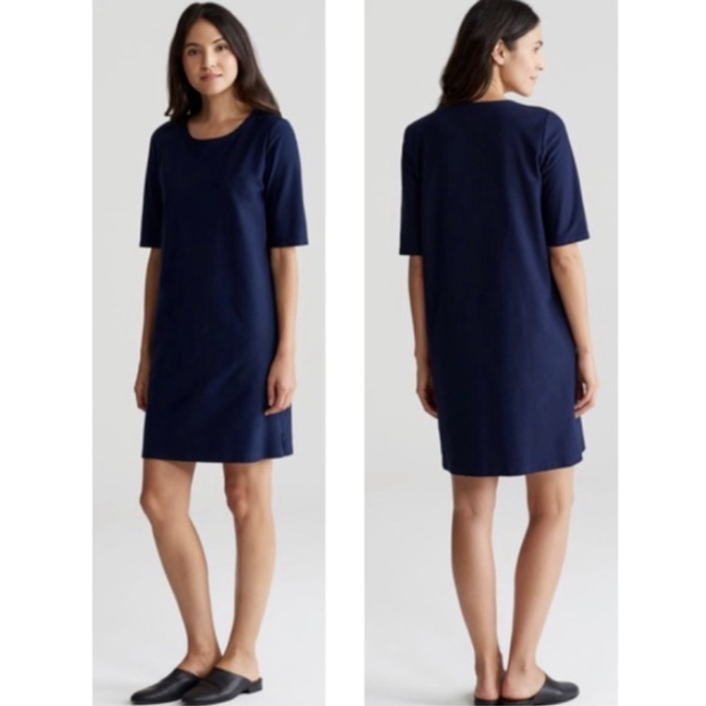 EILEEN FISHER Side Zip Shift Dress Size Small Navy Stretch Crepe
